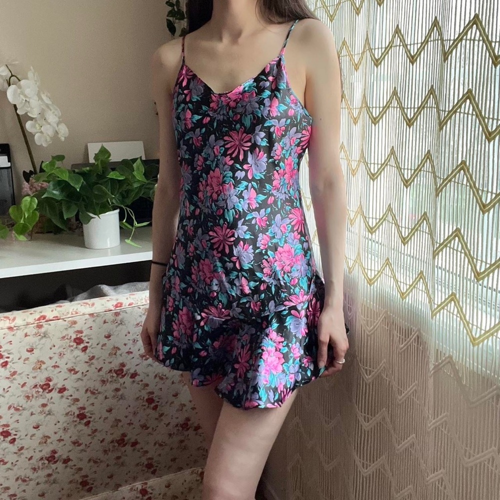 No Brand / Tags Black Multicolor Pink Blue Floral Silk Slip Dress